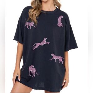 Black Tee with Pink Leopard Silhouettes